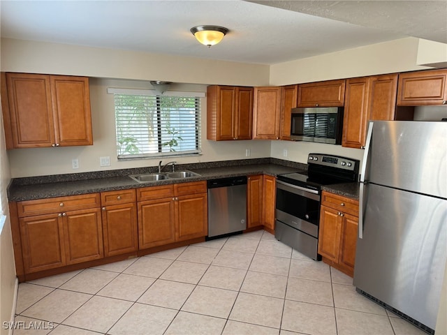 kitchen featuring appliances with stainless steel finishes, brown cabinetry, dark countertops, and a sink