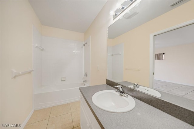 full bath with visible vents, tub / shower combination, tile patterned flooring, and vanity