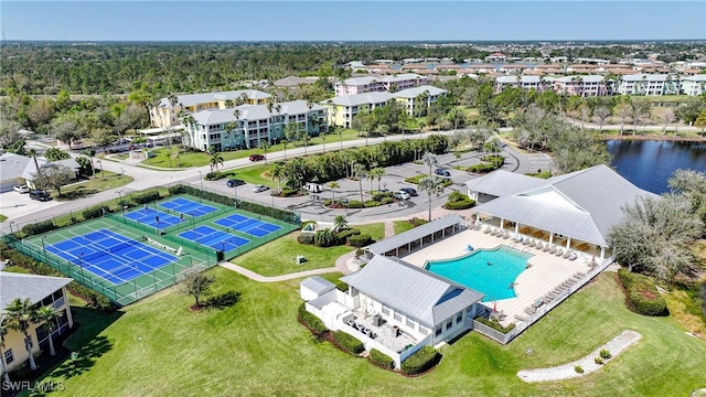 aerial view featuring a water view