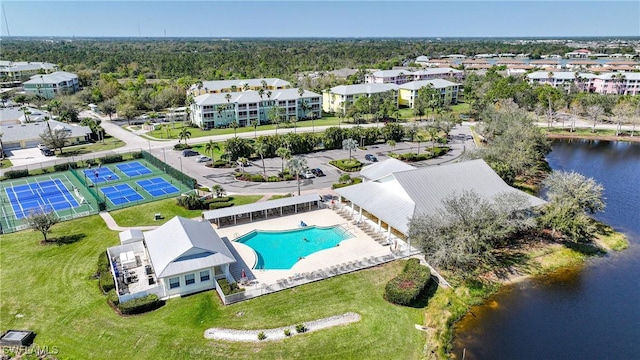 drone / aerial view featuring a water view