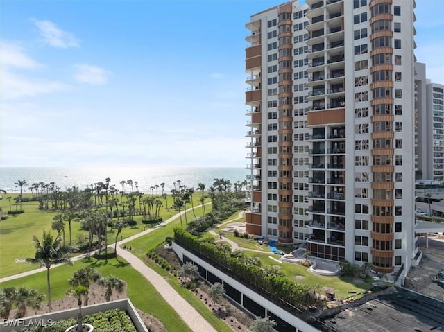 exterior space with a water view