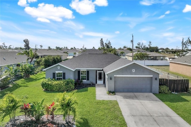 ranch-style house with stucco siding, an attached garage, a front yard, fence, and driveway