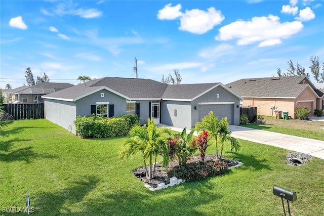 ranch-style home featuring a garage, driveway, a front yard, and stucco siding