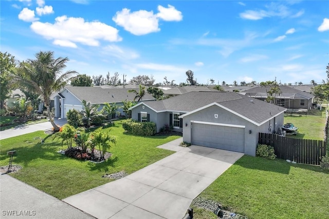 single story home with stucco siding, an attached garage, a residential view, driveway, and a front lawn