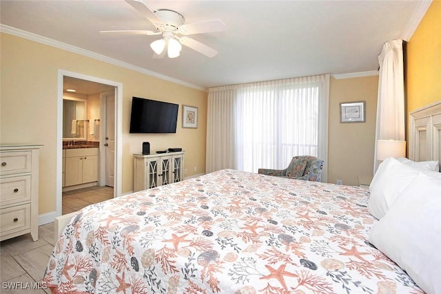 bedroom featuring ornamental molding, light tile patterned flooring, connected bathroom, a sink, and ceiling fan