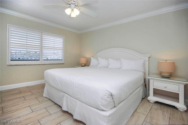 bedroom with baseboards, ceiling fan, ornamental molding, and wood tiled floor