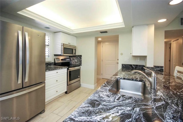 kitchen with stainless steel appliances, a tray ceiling, white cabinetry, and a sink