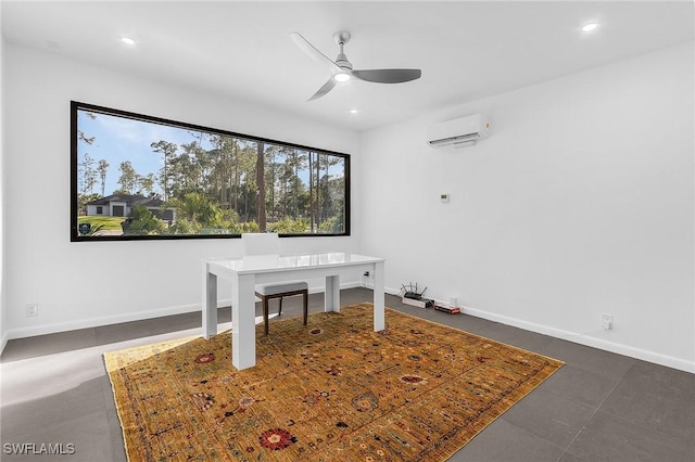 unfurnished office with baseboards, an AC wall unit, and recessed lighting