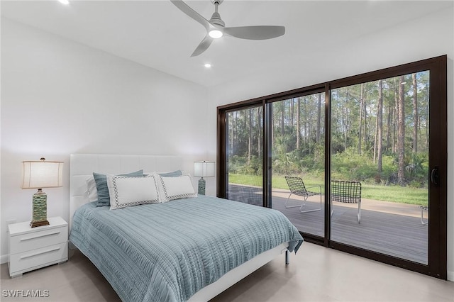 bedroom with access to outside, ceiling fan, and recessed lighting