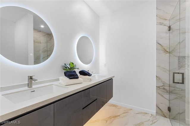 full bathroom featuring marble finish floor, a sink, a marble finish shower, and double vanity