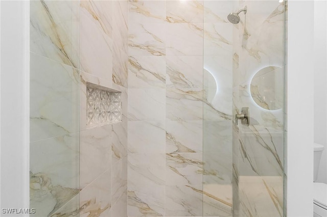 room details with a marble finish shower and toilet