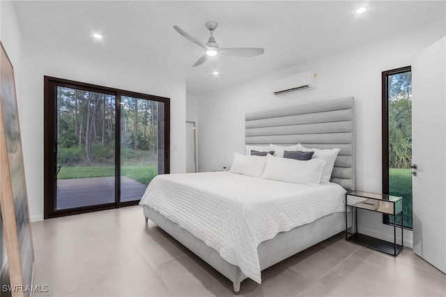 bedroom featuring baseboards, a ceiling fan, a wall mounted air conditioner, access to exterior, and recessed lighting