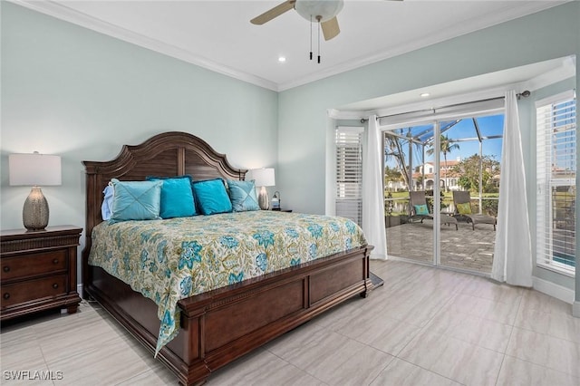 bedroom with ceiling fan, recessed lighting, baseboards, access to outside, and ornamental molding