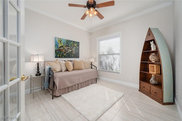 bedroom with baseboards, ornamental molding, and ceiling fan