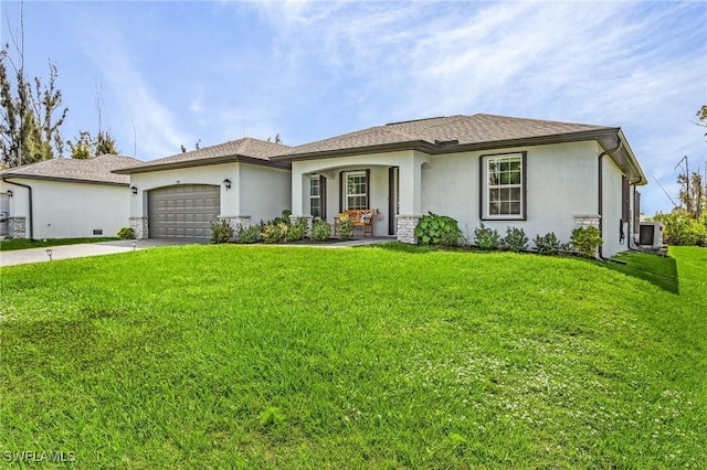 ranch-style home featuring concrete driveway, a front lawn, an attached garage, and stucco siding