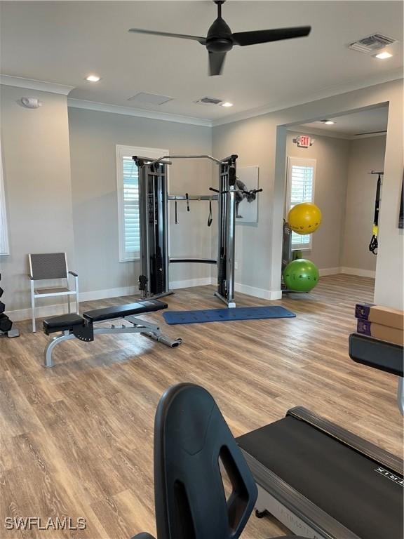 exercise room featuring ornamental molding, wood finished floors, visible vents, and a ceiling fan