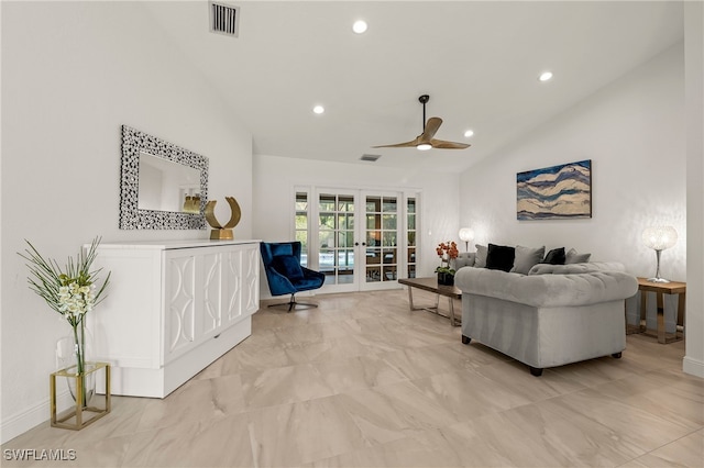 living room featuring high vaulted ceiling, french doors, visible vents, and recessed lighting