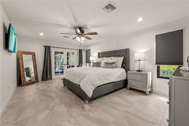 bedroom featuring recessed lighting, baseboards, visible vents, and french doors