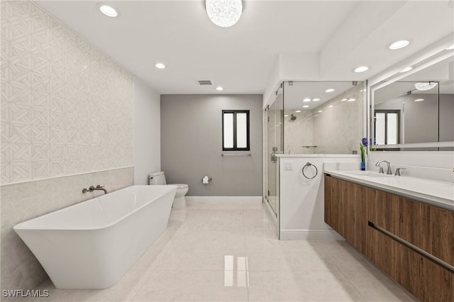 full bathroom with recessed lighting, visible vents, a shower stall, and tile patterned floors