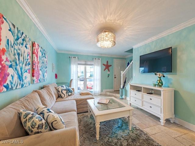 living room with stone tile flooring, crown molding, baseboards, and stairs