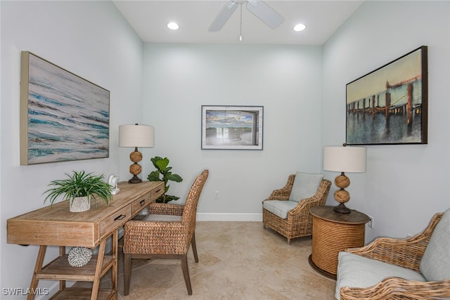 office with recessed lighting, a ceiling fan, and baseboards