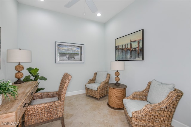 office space with recessed lighting, ceiling fan, and baseboards