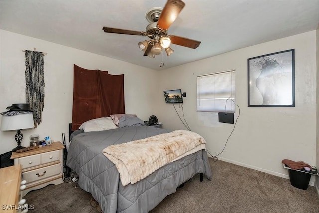 bedroom featuring carpet floors, ceiling fan, and baseboards