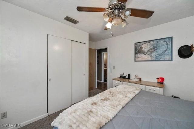 bedroom with a ceiling fan, a closet, and visible vents