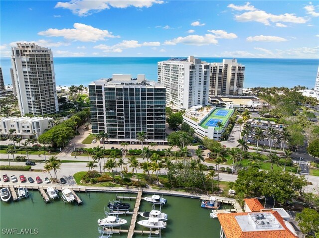 aerial view with a view of city and a water view