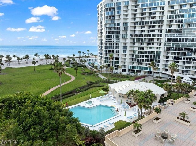 birds eye view of property featuring a water view