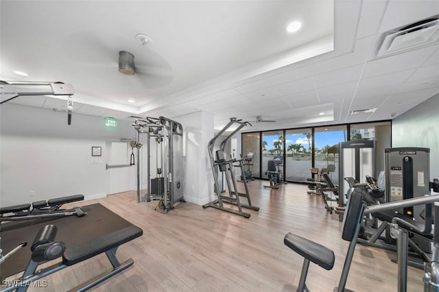 exercise room featuring baseboards, visible vents, ceiling fan, light wood-type flooring, and floor to ceiling windows