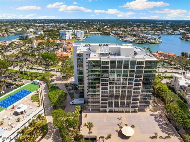 aerial view featuring a view of city and a water view