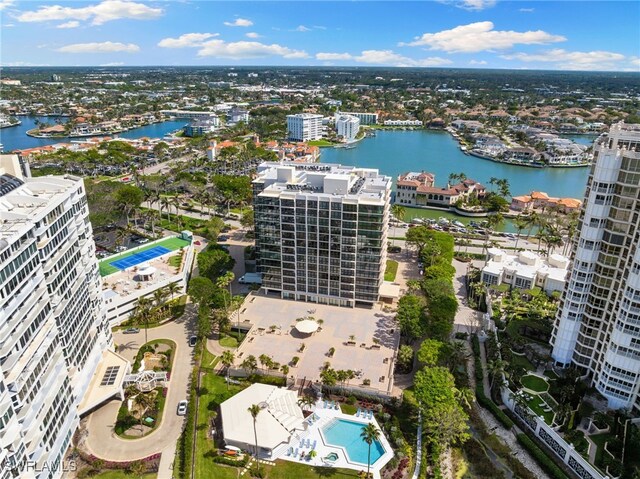 aerial view featuring a water view and a view of city