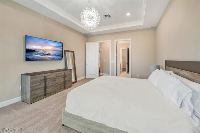 bedroom featuring a notable chandelier, light colored carpet, visible vents, baseboards, and a raised ceiling