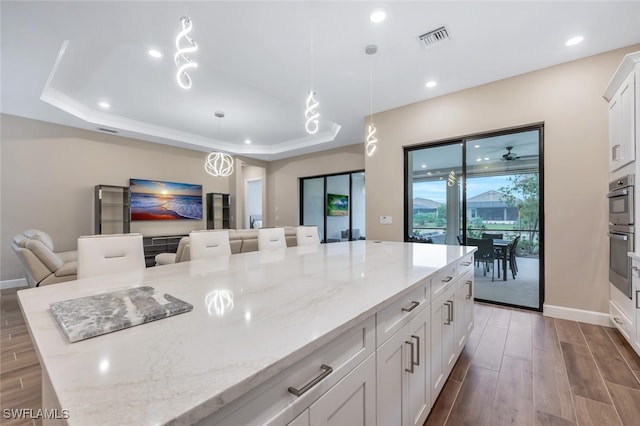 kitchen with wood finish floors, a raised ceiling, visible vents, and open floor plan