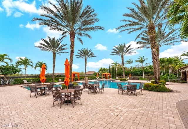 community pool with a patio area