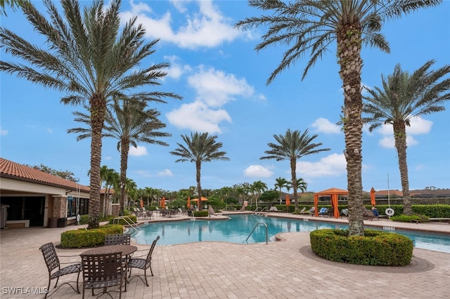 community pool with a patio area