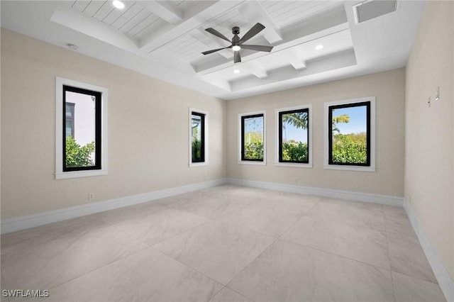 unfurnished room with beamed ceiling, baseboards, coffered ceiling, and visible vents