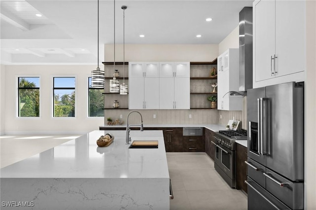 kitchen with high end appliances, open shelves, a sink, white cabinetry, and tasteful backsplash