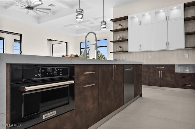 kitchen with oven, beam ceiling, open shelves, white cabinets, and dark brown cabinets