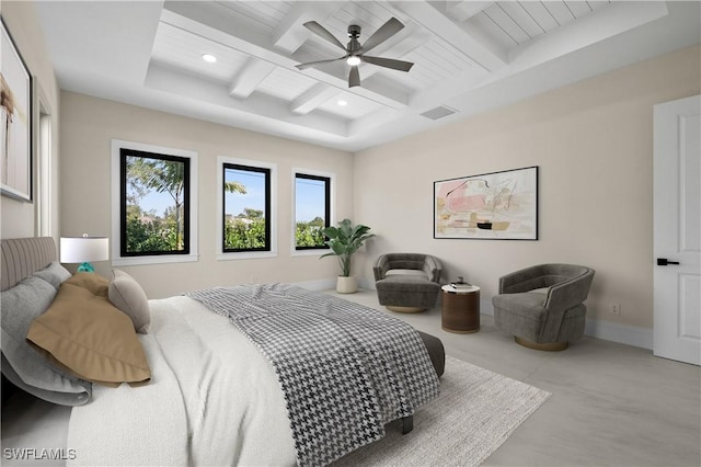 bedroom featuring visible vents, baseboards, beam ceiling, recessed lighting, and coffered ceiling