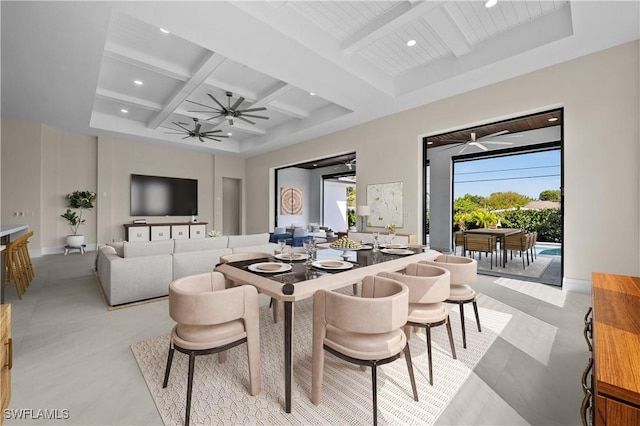 dining space with beam ceiling, recessed lighting, coffered ceiling, and ceiling fan