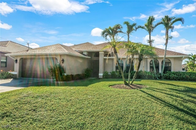 view of front facade featuring a garage, driveway, a front yard, and stucco siding