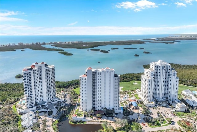 aerial view featuring a water view