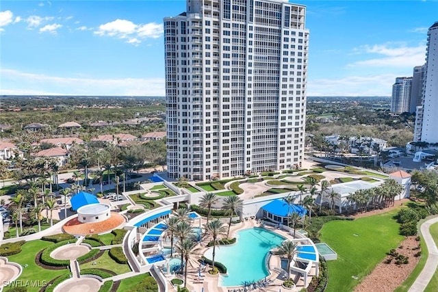 birds eye view of property with a city view