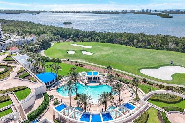 bird's eye view featuring a water view and golf course view