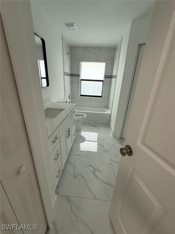 full bathroom featuring toilet, marble finish floor, visible vents, and vanity