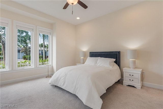 bedroom with ceiling fan, recessed lighting, carpet, and baseboards