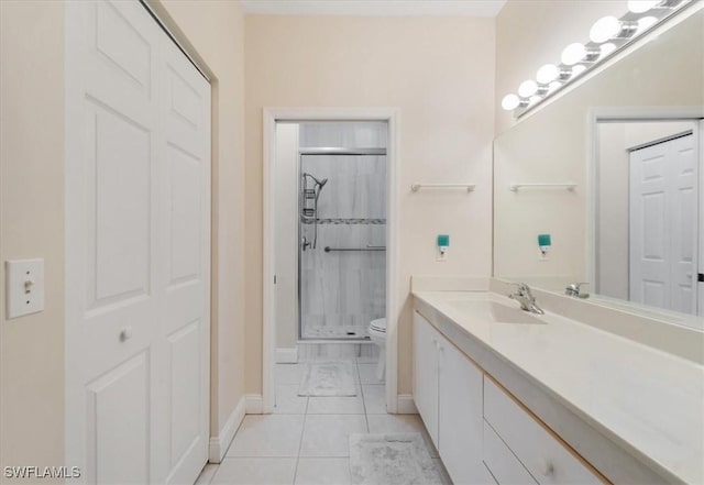 full bath featuring a stall shower, baseboards, toilet, tile patterned floors, and vanity