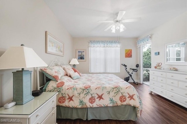 bedroom featuring ceiling fan, access to outside, dark wood finished floors, and baseboards